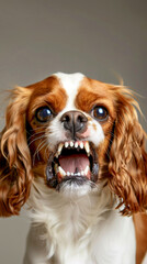 Naklejka premium A scared cavalier king charles spaniel dog ooking at the camera
