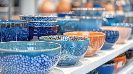 A row of colorful bowls on a shelf