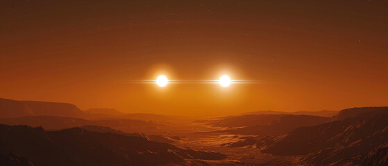 Explore a binary star system where two suns rise and set in the sky.