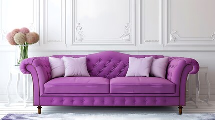 The purple sofa in the living room white architecture background very detailed and realistic shape