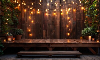 Rustic Wooden Platform with String Lights.