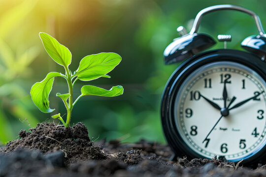 Spring forward concept with a clock and a young plant, symbolizing new beginnings