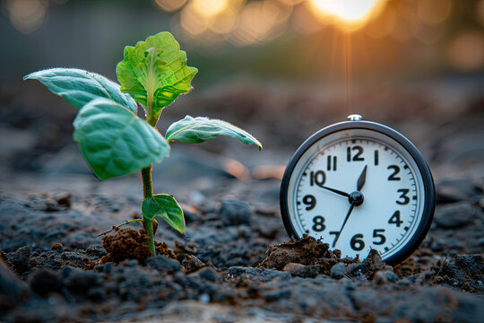 Spring forward concept with a clock and a young plant, symbolizing new beginnings
