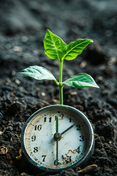 Spring forward concept with a clock and a young plant, symbolizing new beginnings
