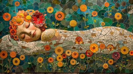 Fototapeta premium Illustration of colorful collage of beautiful girl lying in flowers
