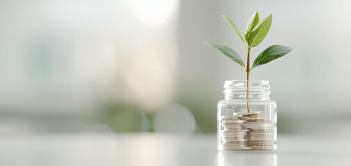 A conceptual image of a plant growing out of a stack of coins, illustrating financial growth and prosperity