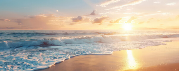 Fototapeta premium A serene sunset over a pristine beach with soft waves lapping at the shore, perfect for unwinding