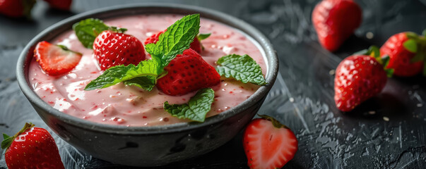 A serving of strawberry yogurt in a stylish dish, garnished with mint leaves and strawberry slices for added freshness