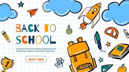 Back to school, Colorful hand drawn illustration, background.
