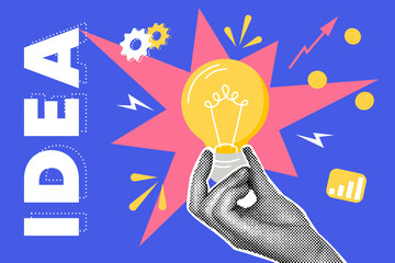 Fashionable halftones collage business concept. Concept creating a profitable idea, favorable terms. Trendy modern retro illustration on business theme. Business concept, teamwork, achievements.