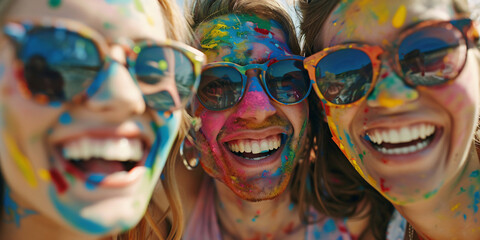 Realistic Photoshoot close-up of friends having a fun paint fight, covered in colors and smiles, high-resolution, high-definition (HD), ultra high-definition (UHD), professional-grade