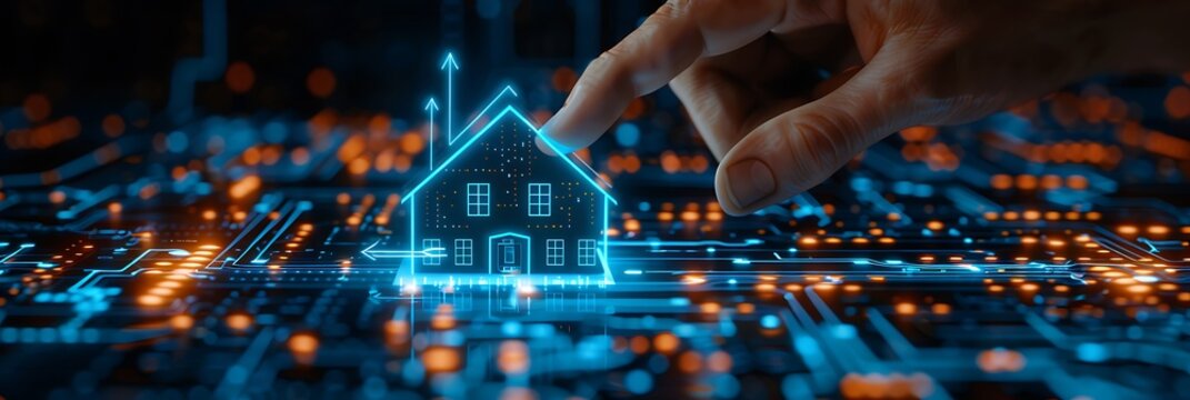 Real estate investment concept. Man touch virtual house icon for analyzing mortgage loan home and insurance real property mortgage. interest rate, Investment planning, business real estate