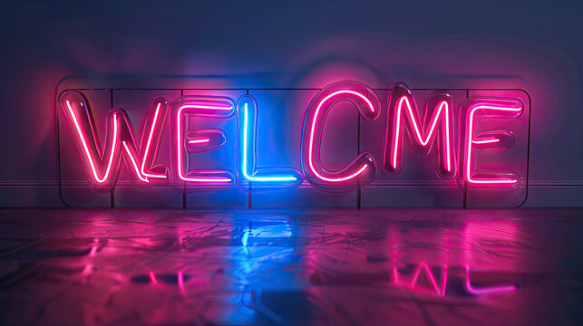 "WELCOME" presented in a modern, sleek font with a neon glow against a dark background. The vivid, electric colors create a dynamic and stylish welcome, setting an energetic tone.
