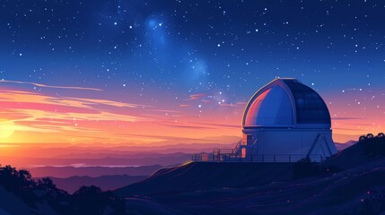 Modern altitude observatory, automatic bearing mechanism, rotating platform, stars and galaxies far away, detailed and astronomical