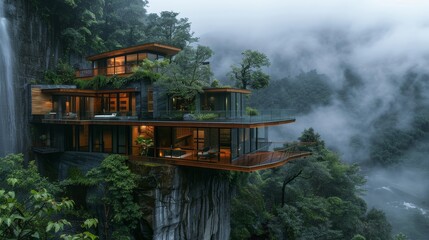 Modern tree house nestled on cliffs, river view, lush mountainous terrain, misty atmosphere, detailed architecture, peaceful and mystical