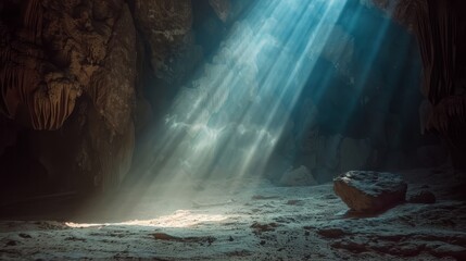 Moody cave with sunlight filtering in, dramatic light rays piercing the darkness, rough textured walls and floor, eerie and atmospheric