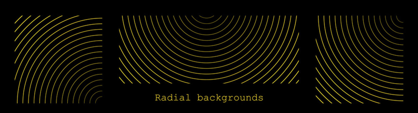 Sound wave irradiation or circular vibrations on the water surface. Set or circular stripe backgrounds. Abstract radial pattern. Square and rectangular monochrome backdrops. Vector illustration.