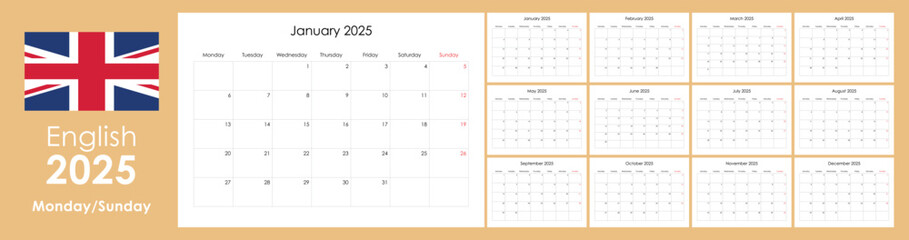 Calendar 2025, simple annual planner, 12 boards cards, copy space for notes