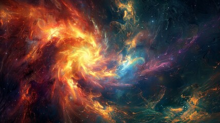Fototapeta premium Mystical energy emanating vividly, rich and intense colors, dark void backdrop, intricate swirling designs, otherworldly and captivating