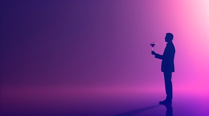 Solitary Silhouetted Figure Enjoying Cocktail Against Vibrant Purple Backdrop