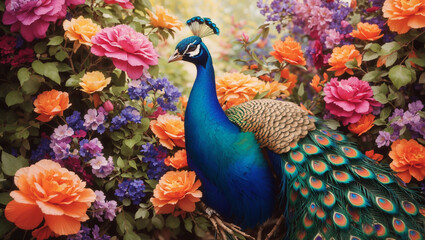 a peacock standing in a garden of colorful flowers