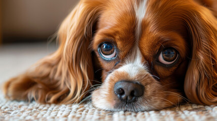 A brown and white cavalier king charles spaniel dog with its head down on a carpet