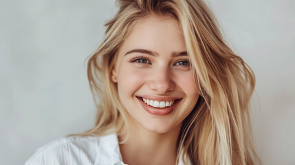 Naklejka premium cute girl with natural light color hair smiling to camera wearing white shirt, healthy beautiful female with tightened blonde hair