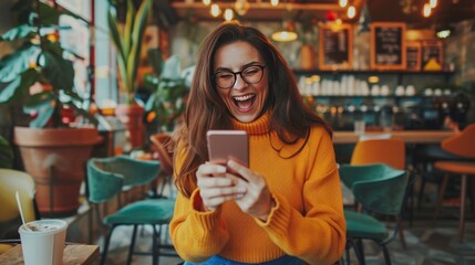 Young Woman Excited Reading Good News on Smartphone in Coffee Shop