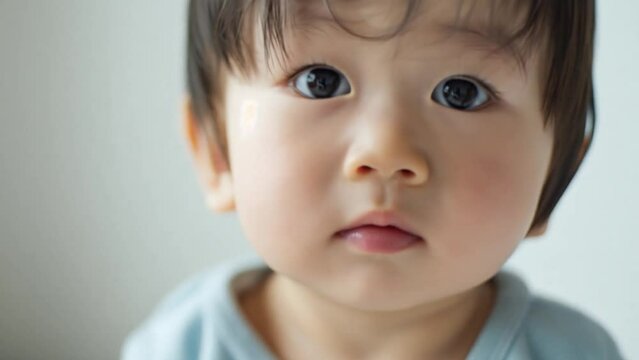 an Asian baby boy looking straight into the camera, calm and natural atmosphere