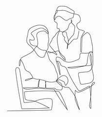 Continuous one line art of talking a nurse and a patient, vector illustration.