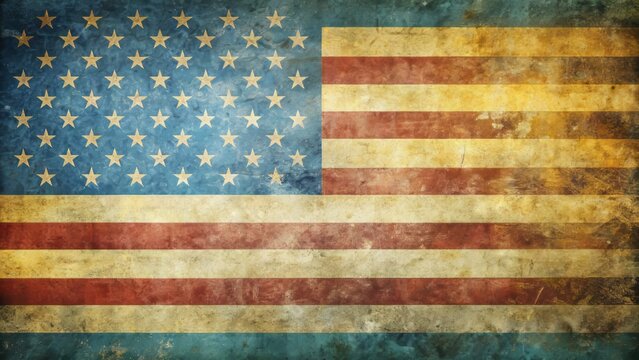Vintage distressed American flag-inspired abstract background with grainy noise texture and soft blue-yellow gradient, featuring copious copy space.