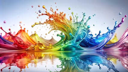 Vibrant rainbow hues dance across pristine white backdrop as dynamic water droplets burst forth in mesmerizing symphony of color and motion.