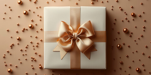 A white box with a gold bow on top of it