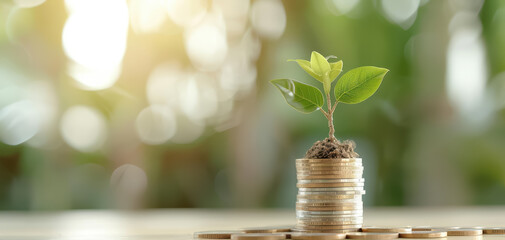 A conceptual image of a plant growing out of a stack of coins, illustrating financial growth and prosperity