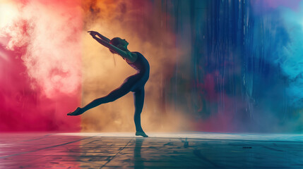 Naklejka premium Dynamic Gymnastics Performance on Parisian Themed Background with Dramatic Lighting and Metallic Tones