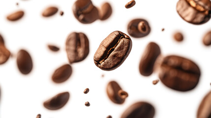 Obraz premium A close-up of coffee beans in the air isolated on a white background