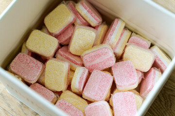 Dishwasher tablets in a box in the kitchen before use when washing dishes