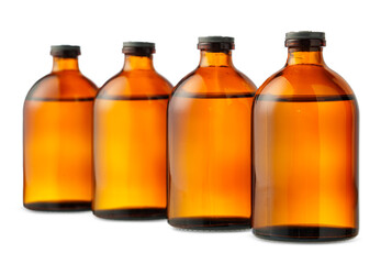 Four Amber Glass Bottles With Black Caps on a White Background