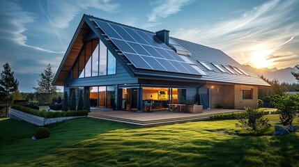 Obraz premium New suburban house with a photovoltaic system on the roof. Modern eco friendly passive house with landscaped yard. Solar panels on the gable roof. copy space for text.