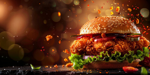 Spicy and fiery zinger burger with fries topped with vegetables tomatoes ketchup delicious AI
