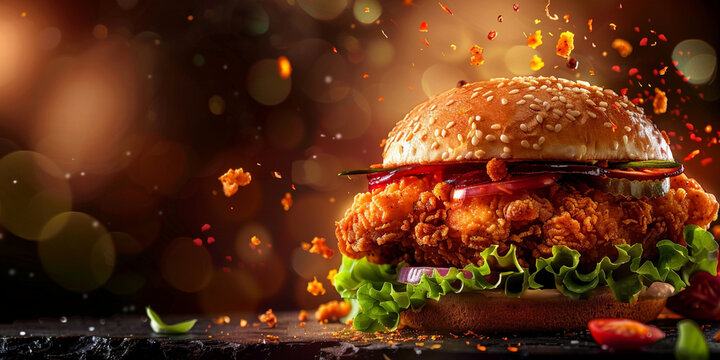 Spicy and fiery zinger burger with fries topped with vegetables tomatoes ketchup delicious AI
