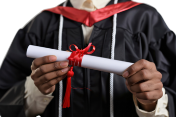 Graduate in academic gown holding diploma, celebrating graduation achievement and academic success.