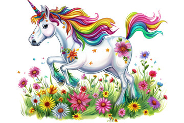 Colorful unicorn with rainbow mane and tail prancing among vibrant flowers in a whimsical and magical garden setting.