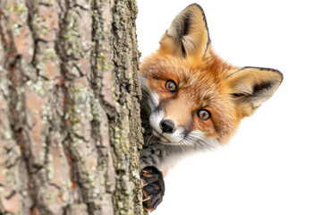 Fototapeta premium Curious fox peeking from behind a tree, showcasing its bright eyes and fluffy fur in a natural woodland setting.