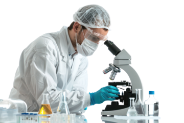 Scientist in laboratory conducting research and analysis through a microscope, surrounded by glassware and lab equipment.