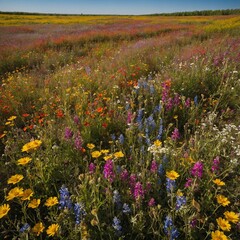Obraz premium Fields of wildflowers stretched as far as the eye could see, painting the landscape in a riot of colors.