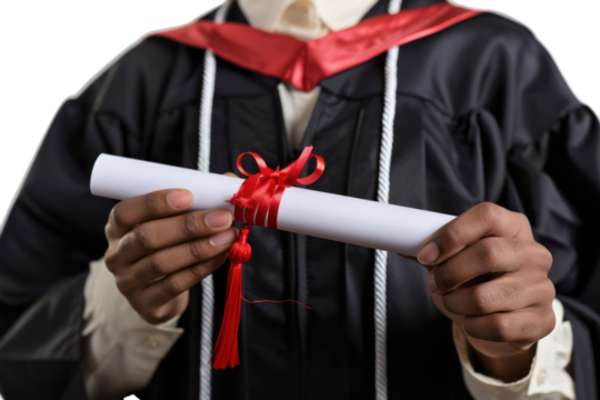 Graduate in academic gown holding diploma, celebrating graduation achievement and academic success.