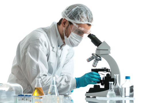 Scientist in laboratory conducting research and analysis through a microscope, surrounded by glassware and lab equipment.