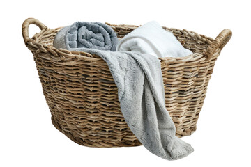A woven wicker basket filled with neatly folded towels, perfect for a spa, home decor, or laundry room organization.
