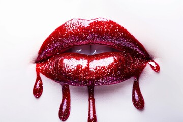 Sexy lips with glossy red lipstick and metallic glitter effect, white background